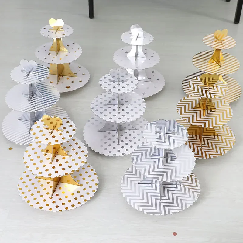 Hot 3-Layer Cupcake Dessert Paper Stand Holder Display Rack Birthday Wedding Party Supplies Gold Silver