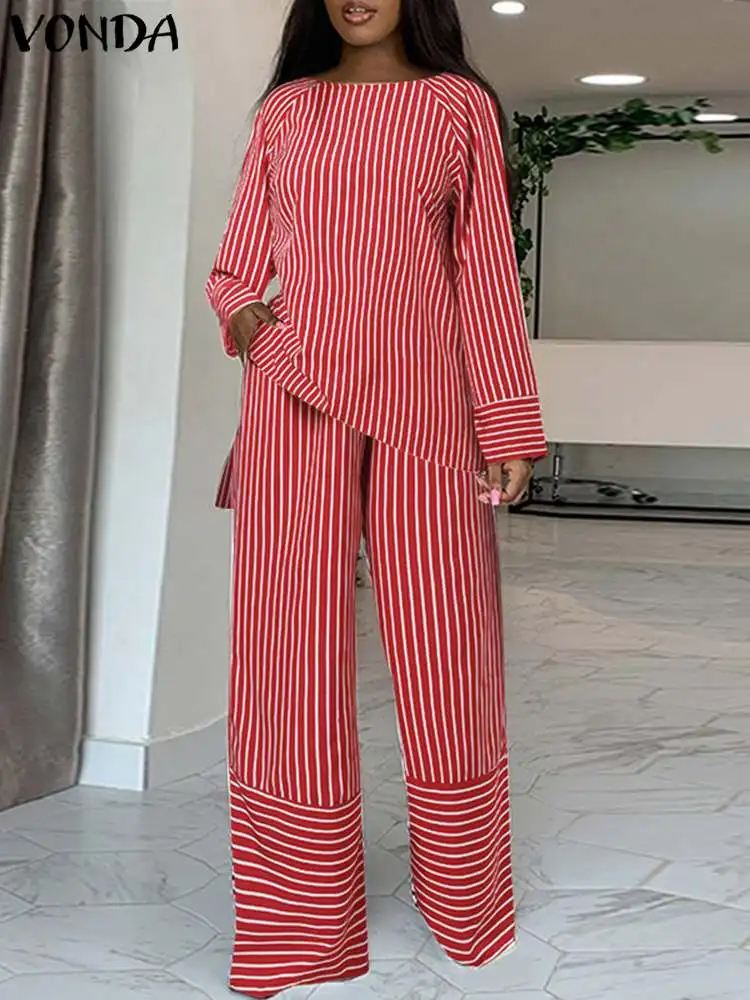 VONDA 2PCS Matching Sets Women Pant Sets 2023 Autumn Long Sleeve Stripe Tops and High Waist Pants Fashion Casual Elegant Suit