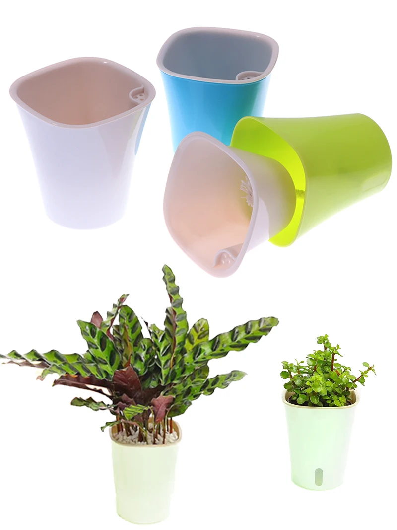 ขนาดเล็ก Self รดน้ำโต๊ะชาวไร่พลาสติกดอกไม้หม้อภายในบ้านสำนักงานตาราง Herb Aloe แอฟริกันสีม่วงต้นกล้า