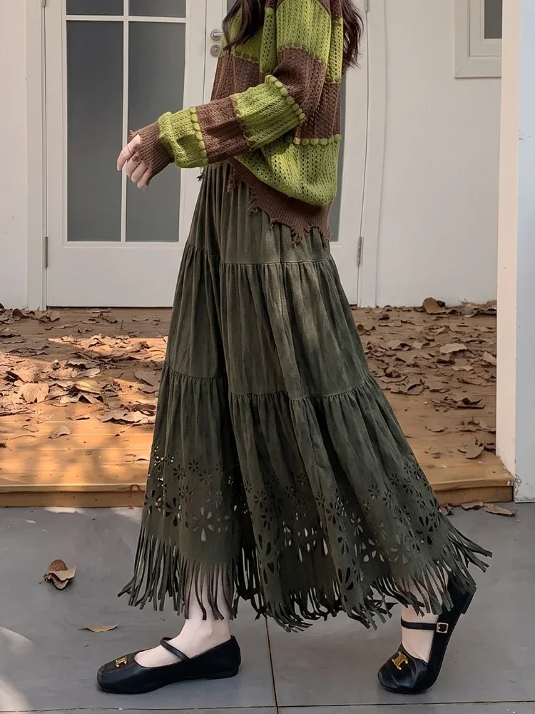 Elastic Waist Ruched Fringe Trim Hollow‑Out A‑Line Midi Women's Skirt 2026 Autumn Casual Medium‑Long Relaxed Fit Half Skirts