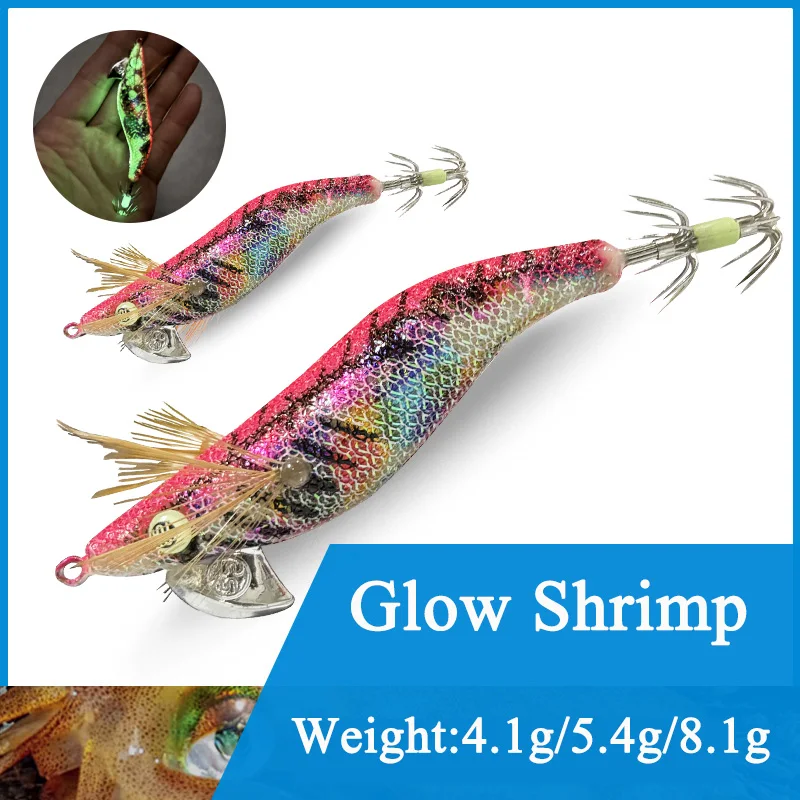 

AS 10pcs Squid Hook Wood Shrimp Crowns Squid Jigs Hard Bait Glow 1.5#1.8#2.2# Sea Fishing Lure Set Artificial Cuttlefish Octopus