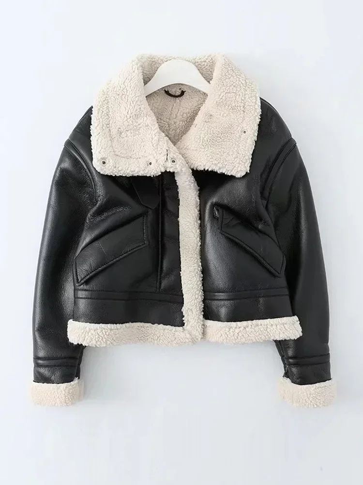 Winter Jacket Women Short Faux Leather pu Coat Shearling Sheepskin Retro Motorcycle Parkas Fleece Female Snow Outwear