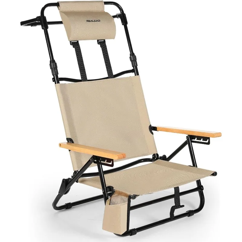 

Beach Chairs for Adults-Extendable High Back Reclining Beach Chair with 4-Position-Lay Flat Folding with Headrest, Cooler Pouch