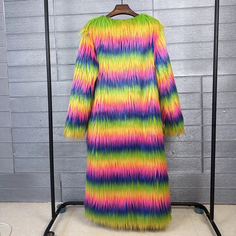 Chic Colorful Faux Mink Fur Striped Trench Coat Mitation Fox Fur Long Fluffy Jacket Rainbow Color Printed Furry Jaqueta Tops