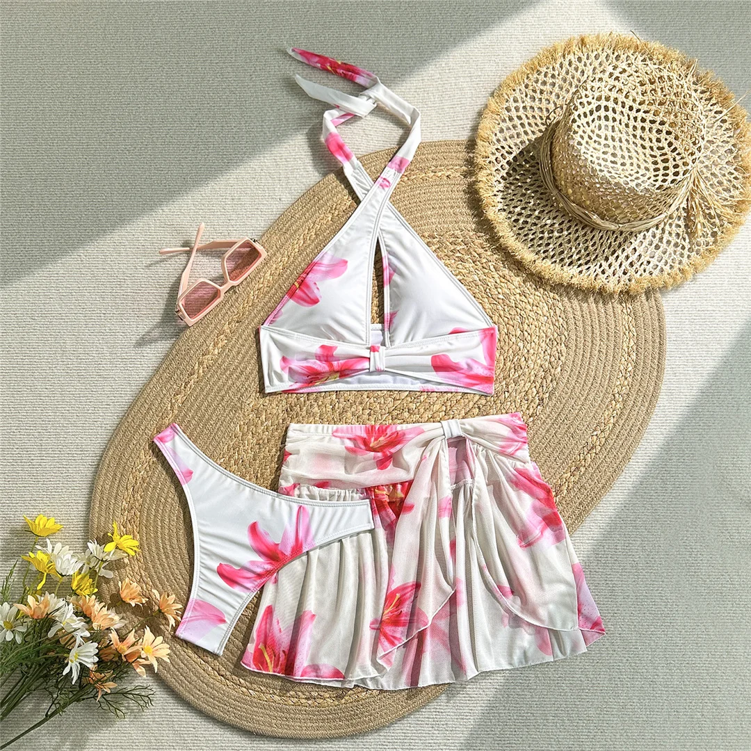 Blumenmuster, mit Rock, Neckholder-Bikini, Damen-Badebekleidung, weiblicher Badeanzug, dreiteiliges Bikini-Set, Badeanzug, Badebekleidung, Schwimmbekleidung V7621 – Detail 7