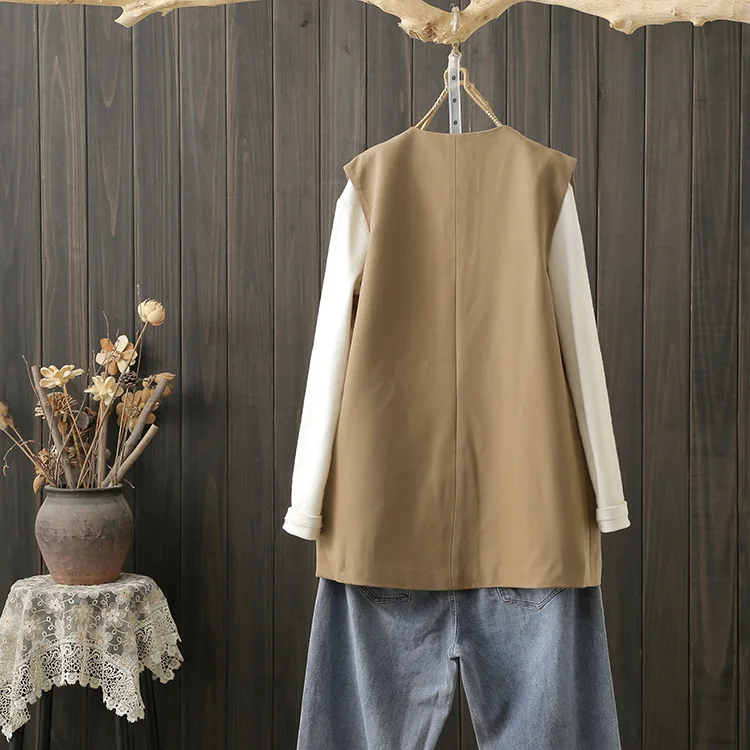 Loose Fit Korean Style Women's Jacket Vest Outerwear Cotton Button up V-Neck Mid-Length Fashion Trend Spring Autumn