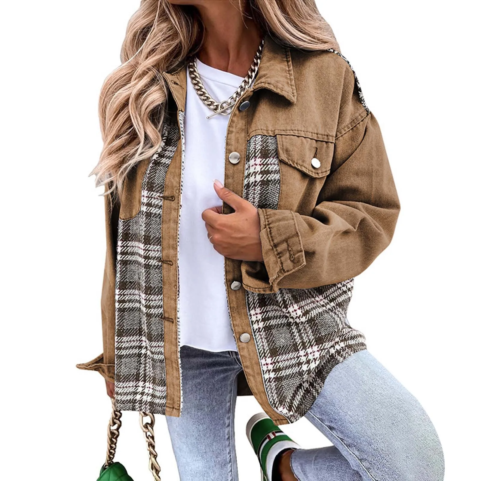 Denim Jacket Long Sleeve Plaid Button Up Shirt Jacket Top Womens Long Coat Rain Coat