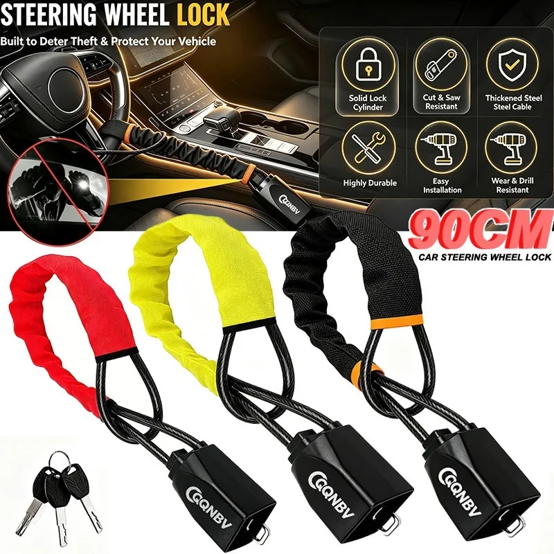 Car Steering Wheel Lock Anti-theft Seat Belt Buckle Steel Cable 90cm Retractable With 3 Keys For Car Truck SUV Van RV Auto Parts