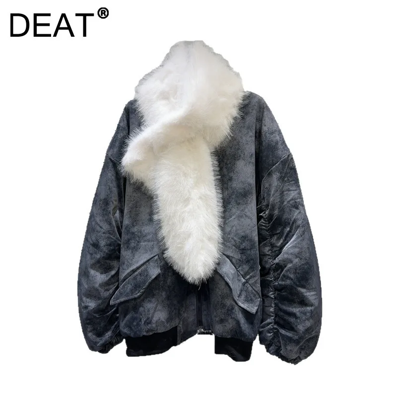 DEAT Women's Coat Double Side Faux Fur Pu Leather Plush Scarf Pleated Sleeve Warm Loose Thick 2025 Spring New Fashion 29L9264