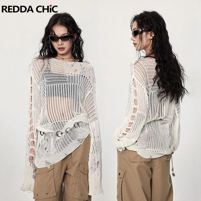 

REDDACHiC Layering Hollow-out Ripped Knit Top Loose White Plain Off Shoulder Long Sleeve Jumper Pullover Sweater Everyday Wear