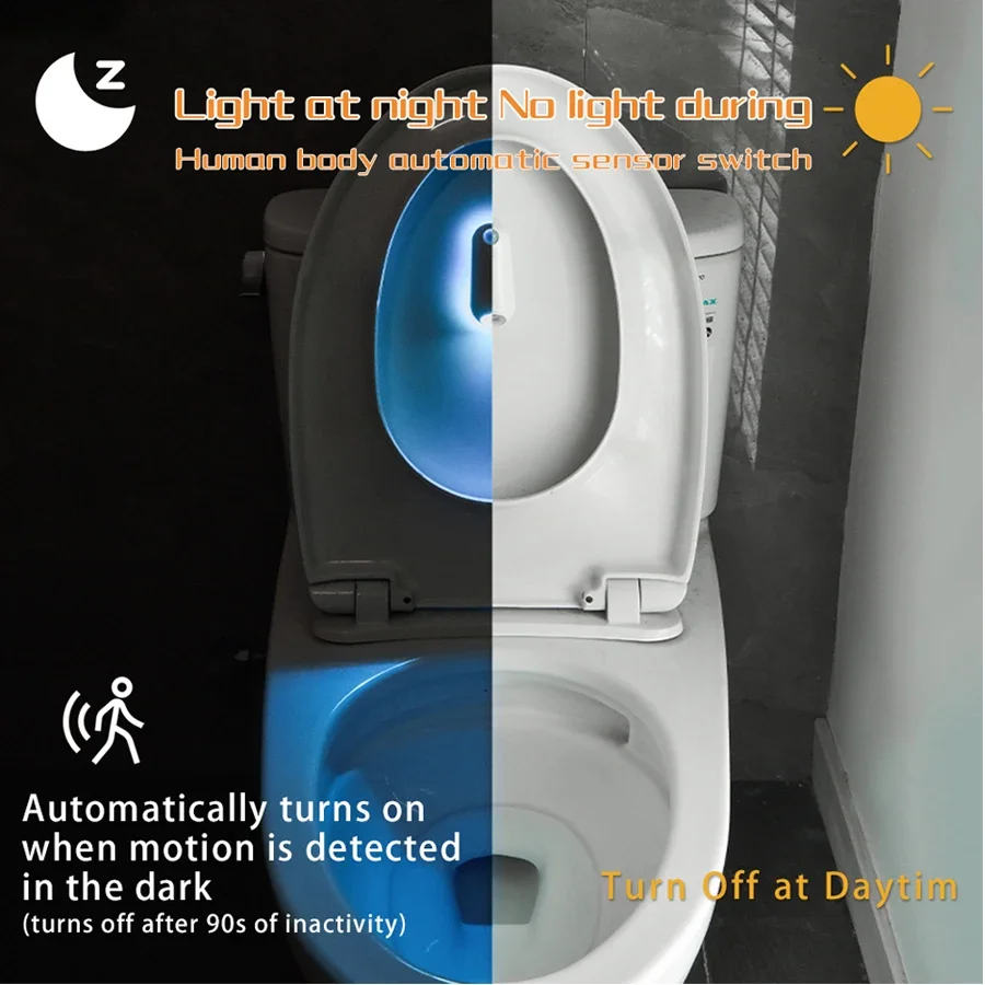 RGB Toilet Night Light Smart Led Lamp with Motion Sensor for Bathroom Restroom 8 Colors USB Wireless Rechargeable Waterproof