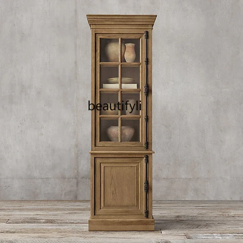 xx1American-Style Solid Wood Single Door Retro Display Wine Cabinet Sideboard Cabinet Nordic Glass Door Simple Locker Customizat