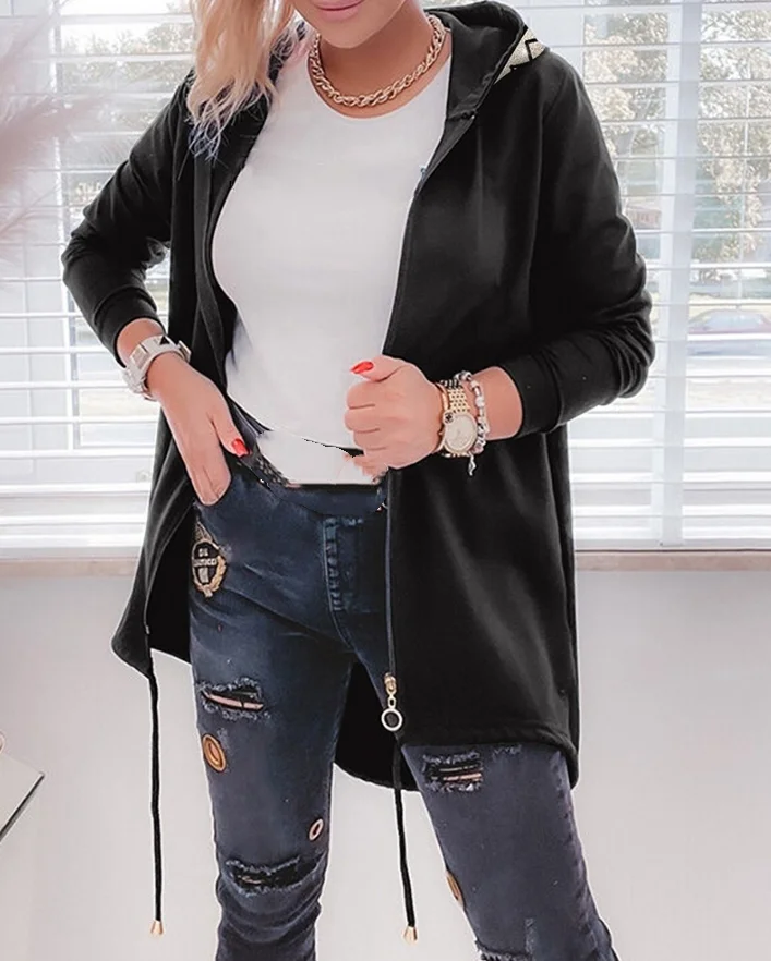2025 Autumn Winter New Fashion Casual Geometric Wings Pattern Contrast Sequin Asymmetrical Coat Oversized Zip Up Hooded Jacket