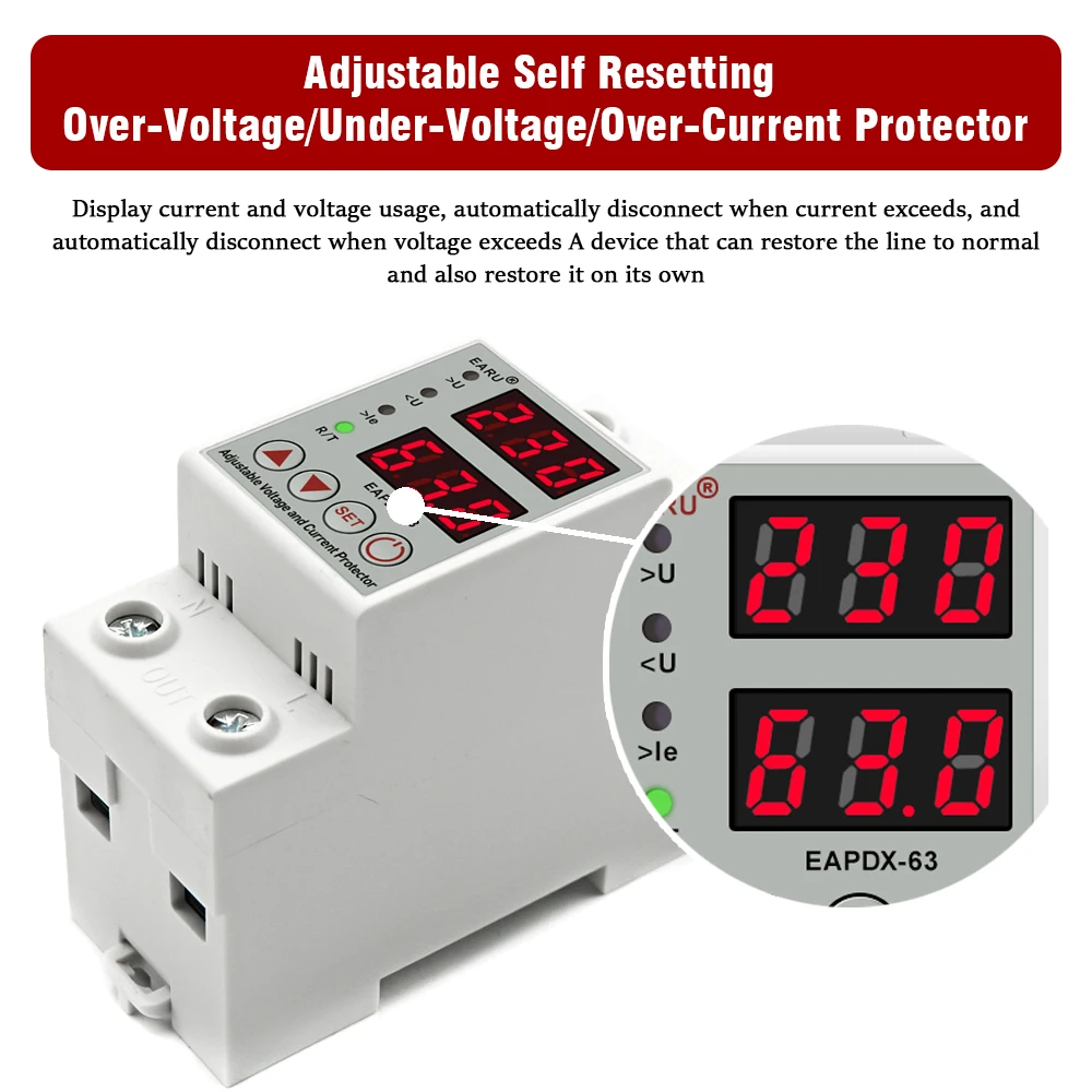 40A 63A AC 230V Din Rail Adjustable Over Voltage Under Voltage Protective Device Protector Relay Over Current Protection kWh RGB
