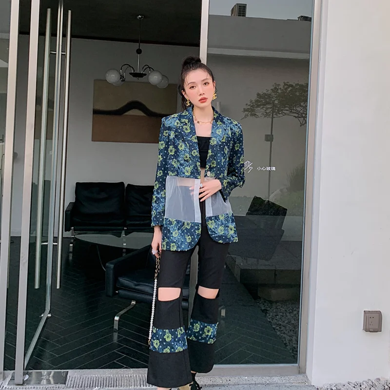 Spring Women Korean Version Loose Vintage Patchwork Denim Jacket with V-shaped High-waisted Handsome Thin Black Casual Pants Set