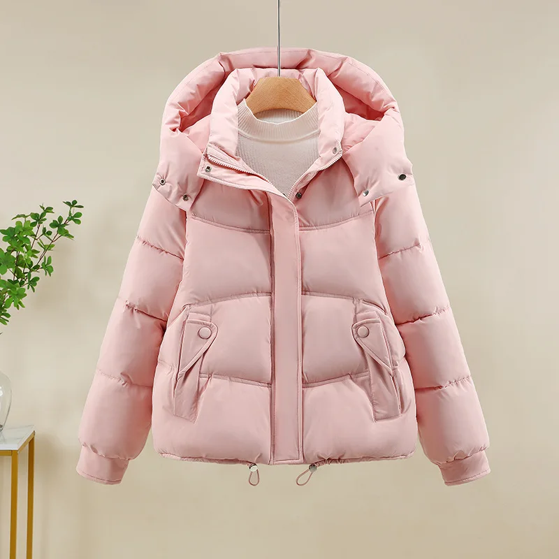 Solid Parkas Coats Women Short Jackets Detachable Hooded Drawstring Zipper Pocket Long Sleeves Thick Loose Casual 2025 Winter