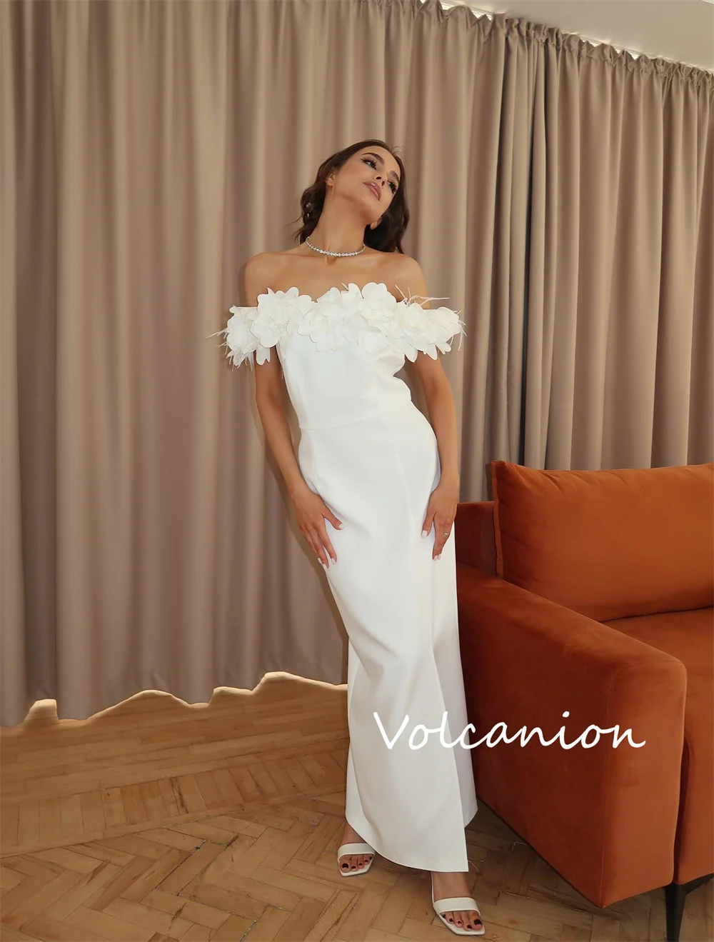 تخصيص أنيقة جيرسي زهرة مستقيم خارج على الكتف فساتين متوسطة الطول مناسبة مخصصة الطراز الحديث الكلاسيكي