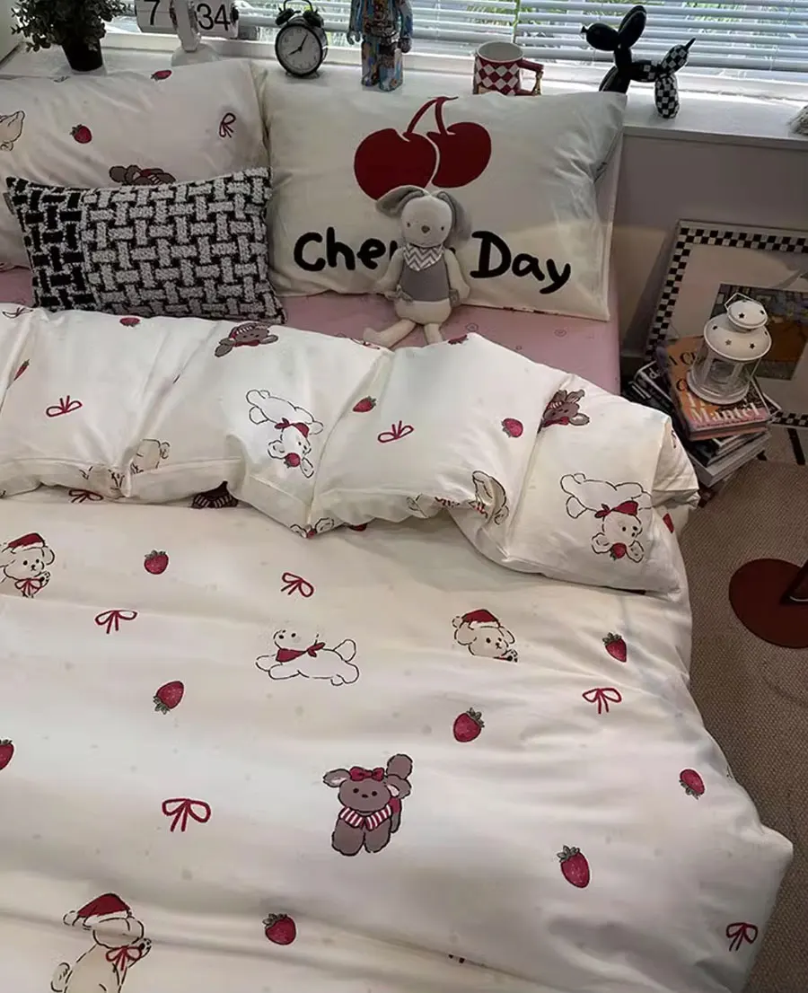 

Cute red cartoon bow strawberry bedding set,twin full queen king lovely cotton home textile bed sheet pillow case quilt cover