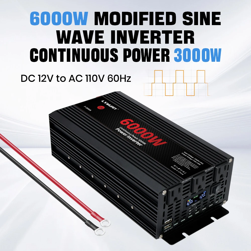 Inversor de corriente para automóvil 1500W 2000W 2600W 6000W DC 12V a AC 120V Transformador con carga de enchufe dual, puerto USB 2 × 3.1A.