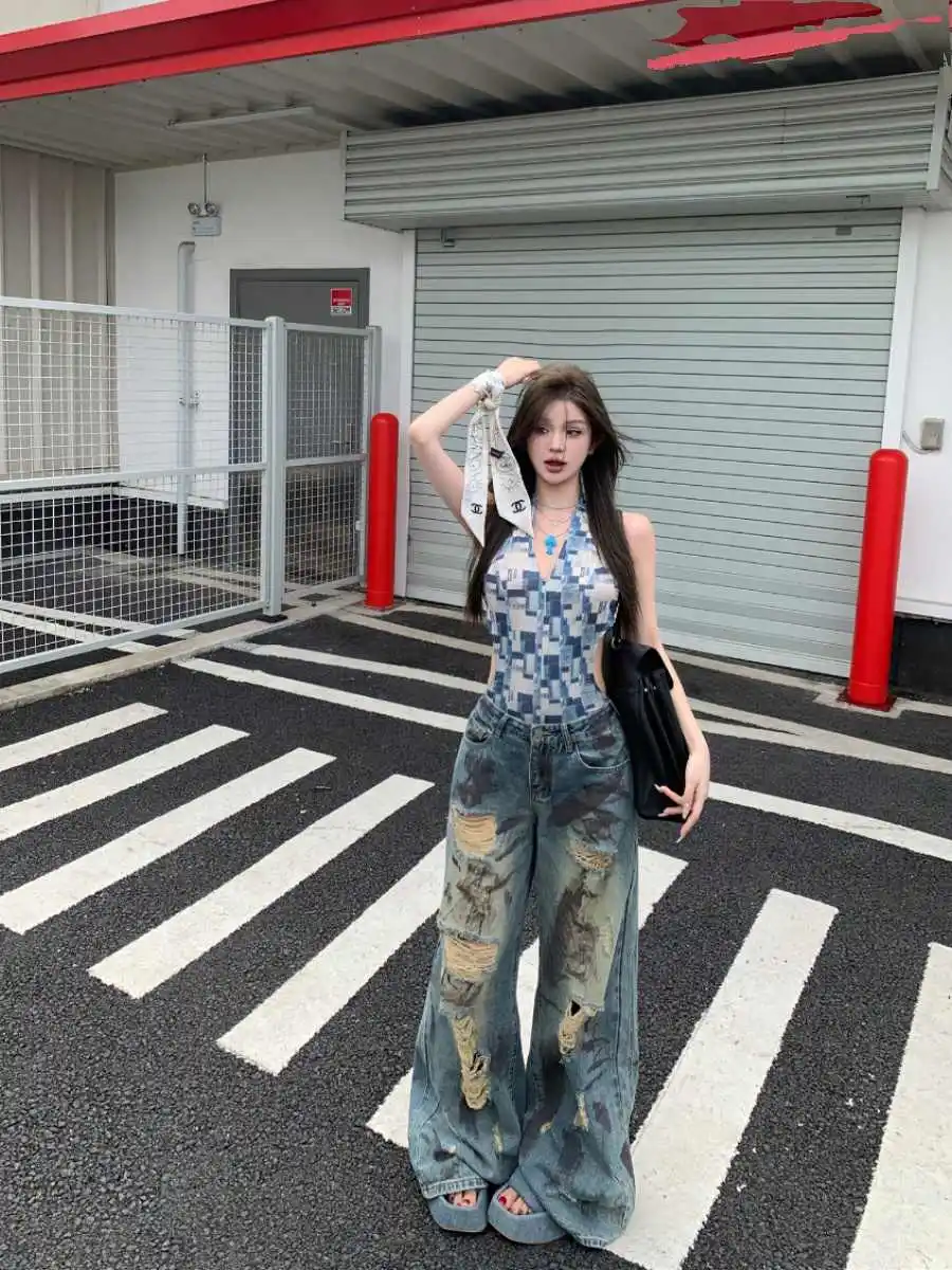 

American Retro Women's Jeans High Waist Straight Leg Long Pants Draped Wide Leg Frayed Sensation Autumn New Sle Floor-Length