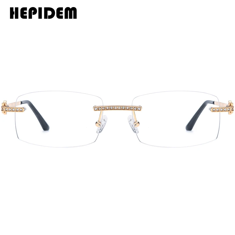 HEPIDEM Alloy Eyeglasses Frame Women Brand Design Diamond Square Rimless Glasses Men Retro Vintage Spectacles Eyewear 50267