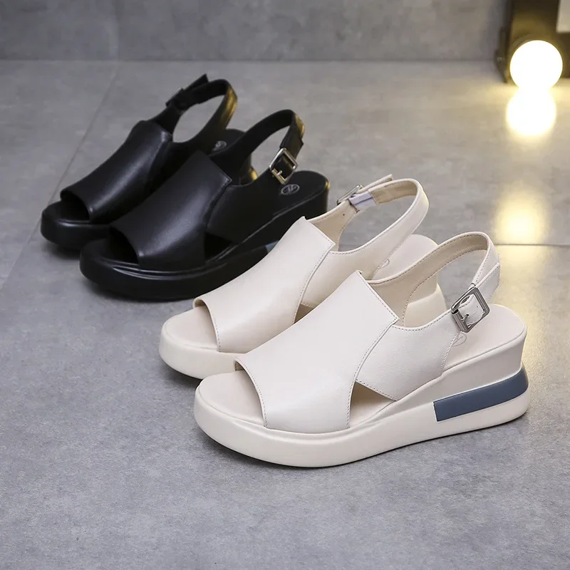 Summer Wedges Shoes for Women Sandals Solid Color Open Toe High Heels Casual Ladies Buckle Strap Sandalias Mujer