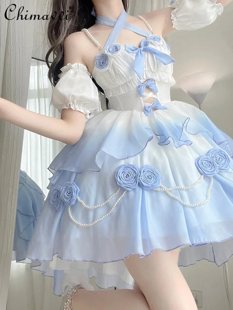 Women's Gradient Blue Hollow-out Front Short Back Long Lolita Tulle Tutu Dress Sweet Elegant Girls Heavy Trailing Princess Dress