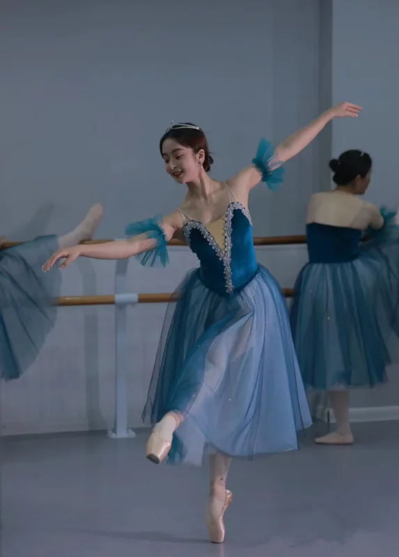 Professional Ballet Long Skirts Blue Dancing Costumes Party Dresses Stage Performance Dance Wear Ballet Leotard For Women