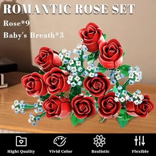 649PCS Romantic Rose Flower Building Blocks Bouquet Model Home Decoration DIY Educational Toys Gifts for Girls Women