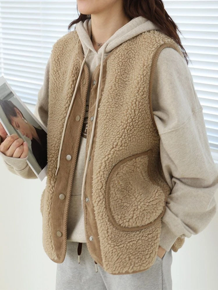 

Новый винтажный свободный крой для похудения без рукавов из овечьей шерсти, вельветовый жилет, утолщенный на осень-зиму, бежевая меховая верхняя одежда