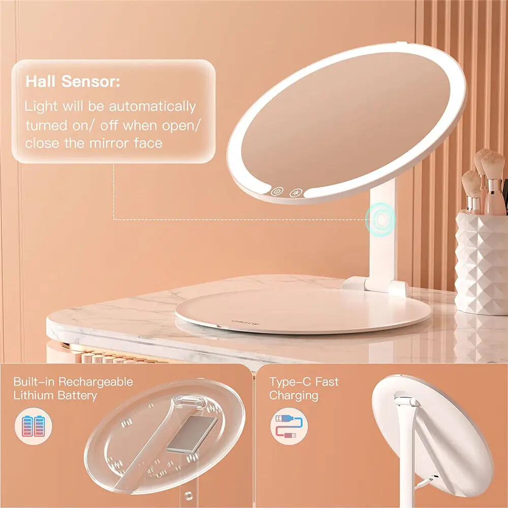 Portable Foldable LED Travel Mirror 3 Colors Rechargeable Vanity Makeup Mirror