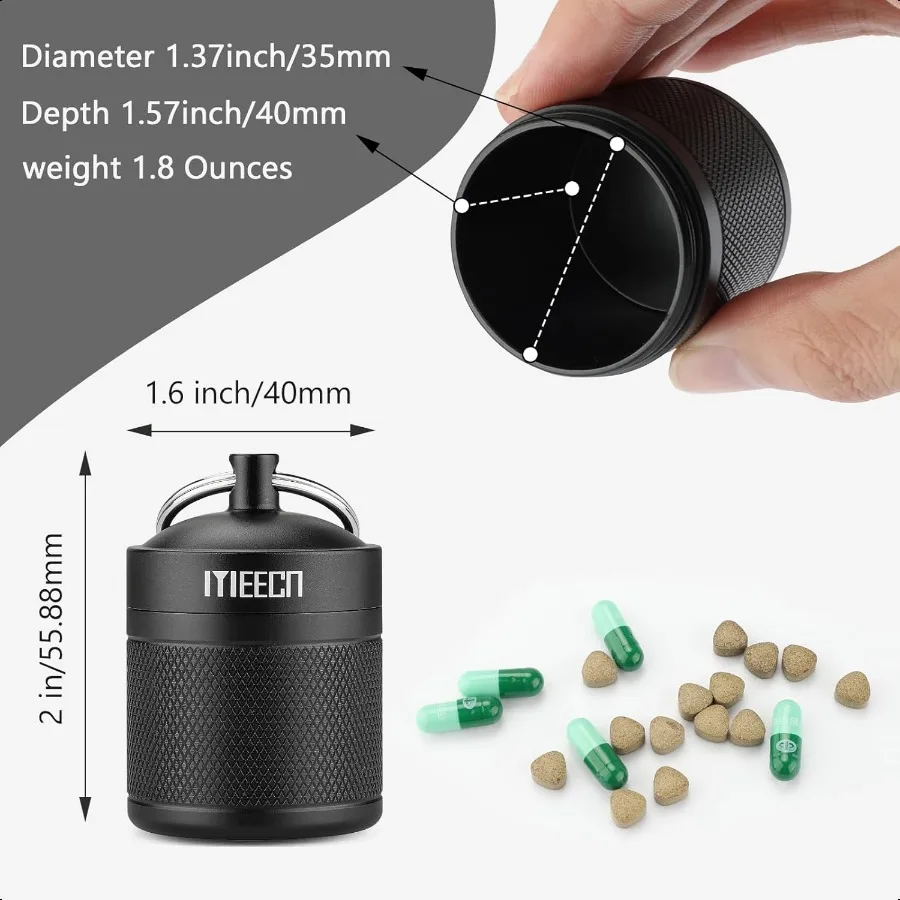 Schlüsselanhänger-Pillenhalter-Box, Aluminium, wasserdichter Behälter, Pillen-Organizer für Outdoor-Reisen, Camping, Größe: 1,6 x 1,6 x 5,1 cm, Schwarz