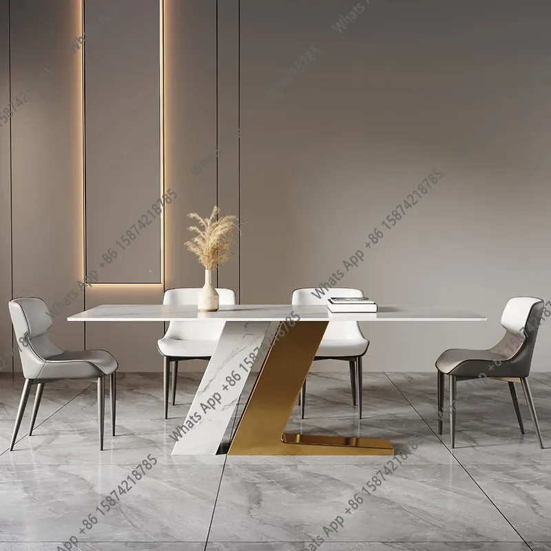 A65 New Light Luxury Rock Slab Dining Table Modern Simple Bright Marble Household Light Luxury Rectangular Household Dining Tabl