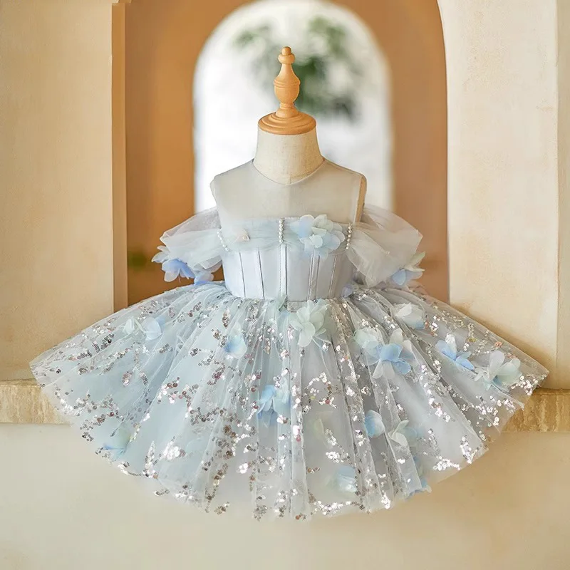 Gorgeous Girls Princess Flower sequin Tulle Dress Children Wedding Gown baby infant Birthday Party Kids Dresses