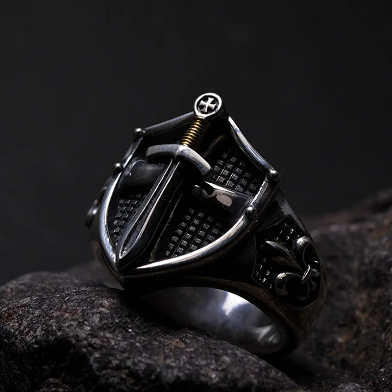 Excalibur Opending Rings for Men Medieval Templar Retro Shield Shape Resizable Ring Trend Accessories Jewelry Gift Wholesale