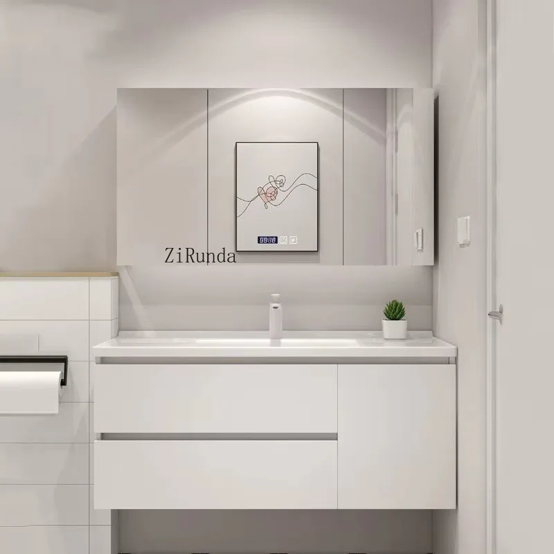 Madeira maciça cerâmica bacia integrada armário do banheiro combinação moderno simples armário de lavagem de rosto armário de lavagem de rosto banheiro