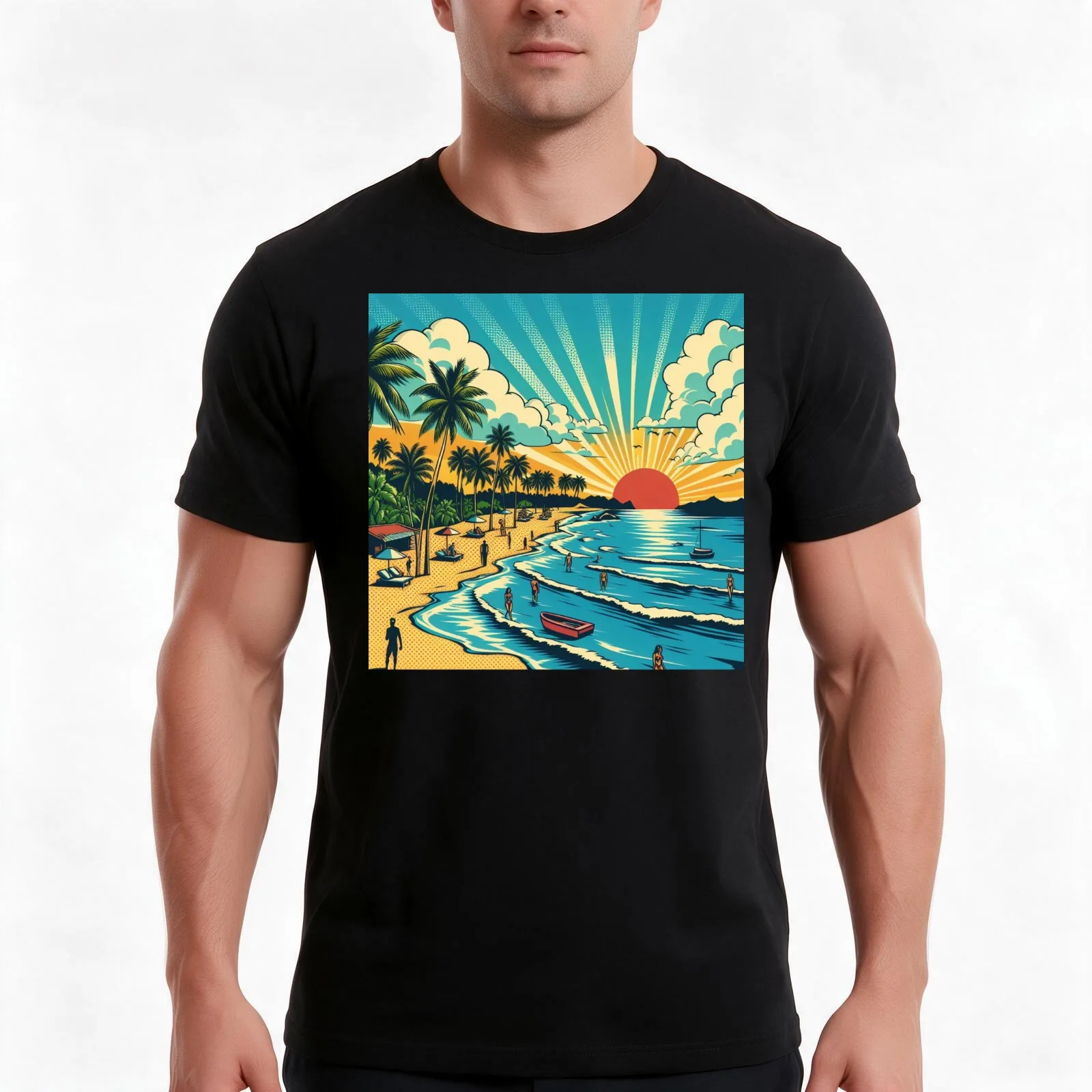 BEACH3 T-Shirt, Summer Casual Cotton Tee, Oversized Streetwear Tops, Vintage Graphic Print, Loose Fit Short Sleeve, 100% Cotton