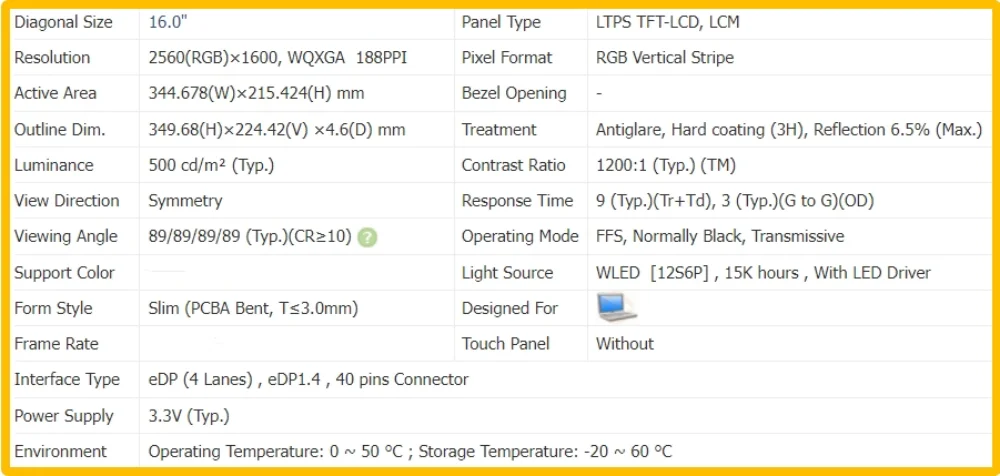 MNG007DA1-8 SD11D96535 5D11D96534 16 inch Laptop Display LCD Screen No-touch Slim IPS Panel QHD 2560x1600 EDP 40pins