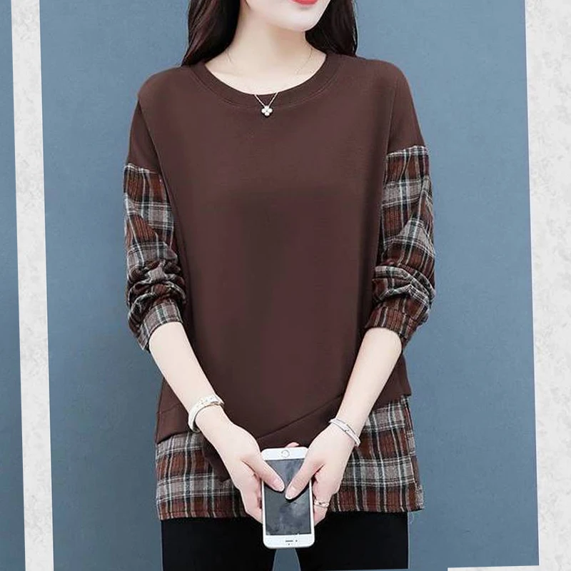 2023 Frühling Herbst neue Mode Rundhals ausschnitt Langarm Sweatshirts Frauen lässig Plaid druck Patchwork gefälschte zweiteilige Tops