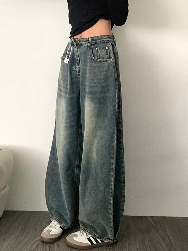 

High Waist Wide Leg Vintage Washed Denim Jeans Women Loose Slimming Floor Length Knife Pants plus Size Ladies Jeans