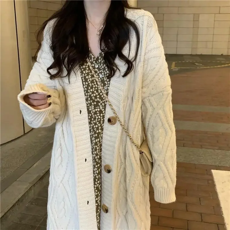 Korean  Medium Length Sweater Coat  Women  Spring  Autumn New Versatile Loose Outwear Western style popular knitted cardigan