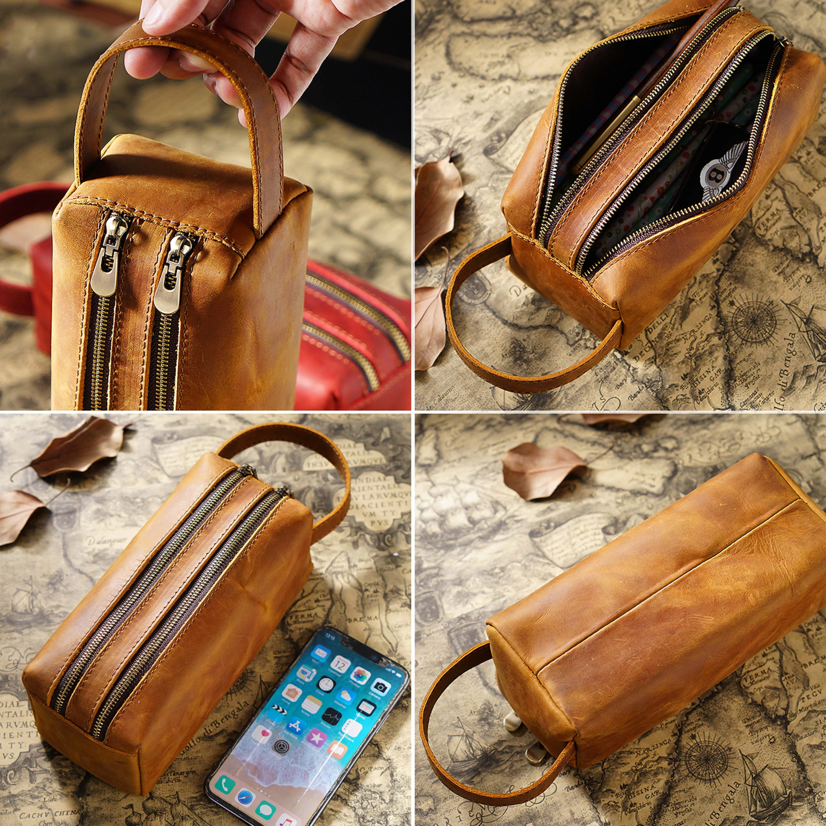 Handmade Genuine Leather Pencil Bag Vintage Double Layer Design Zipper Pen Case Cowhide School Bag Large Capacity Storage Pouch