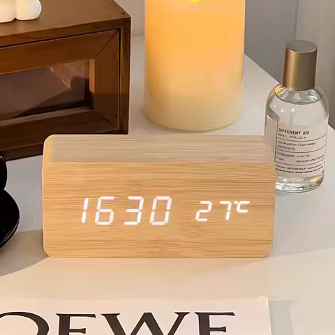 Digital Alarm Clock Wooden LED Table Clock with Temperature for Bedroom Office Travel Desk Decorations