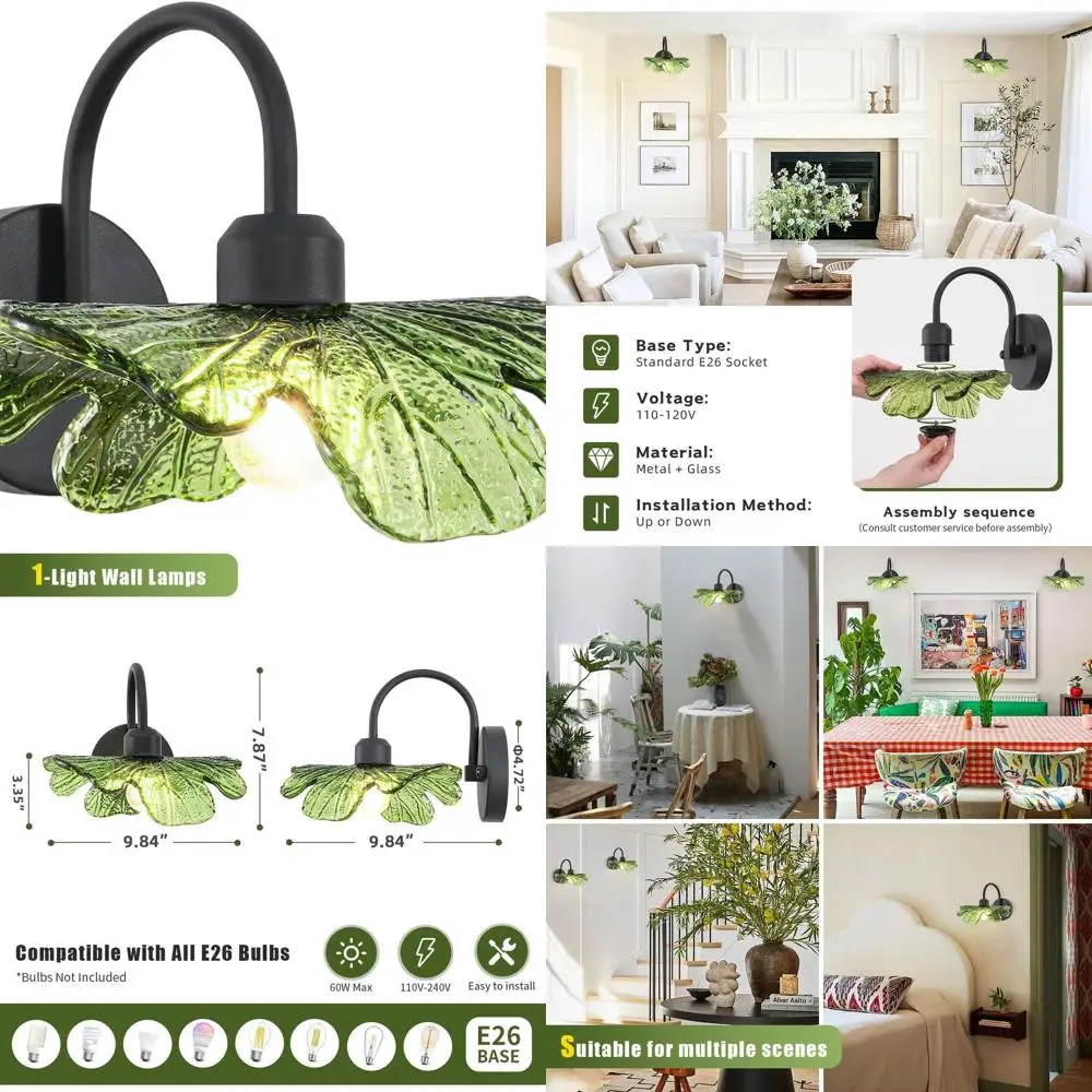 

Vintage 1-Light Matte Black Bathroom Wall Sconce with Green Glass Shade for Vanity, Suitable for Mirrors in Bedrooms, Halls, and