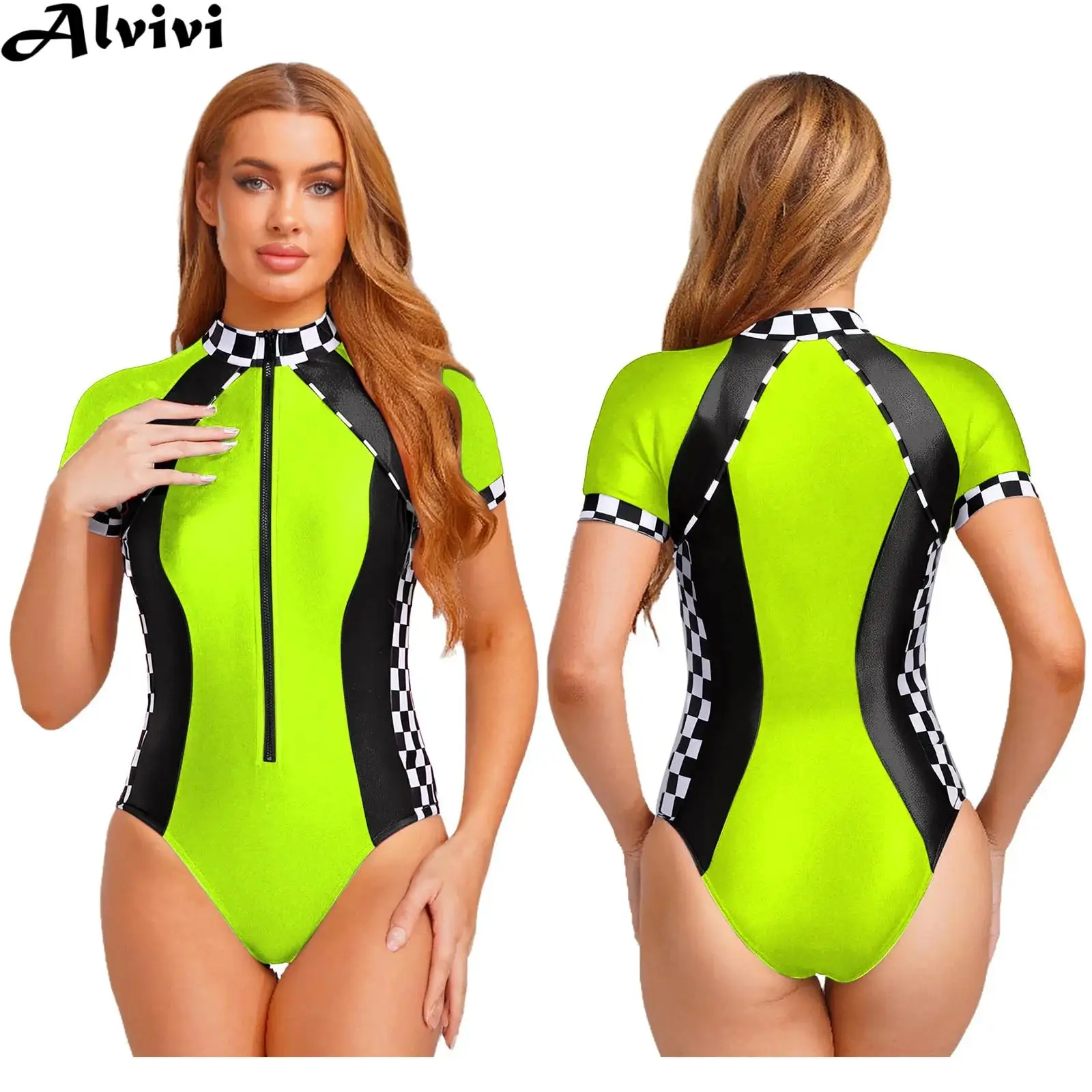 

Женский костюм гонщика-водителя автомобиля, карнавальный костюм с коротким рукавом, клетчатая молния, блестящее гоночное боди, Клубная одежда для Хэллоуина, карнавала, вечеринки