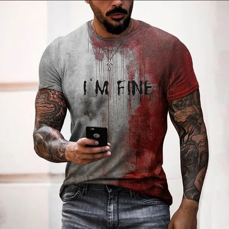 Vintage Men Bloody I'm Fine Halloween 3D Printed T-shirt Casual Fashion Street O Collar Short-sleeved Top