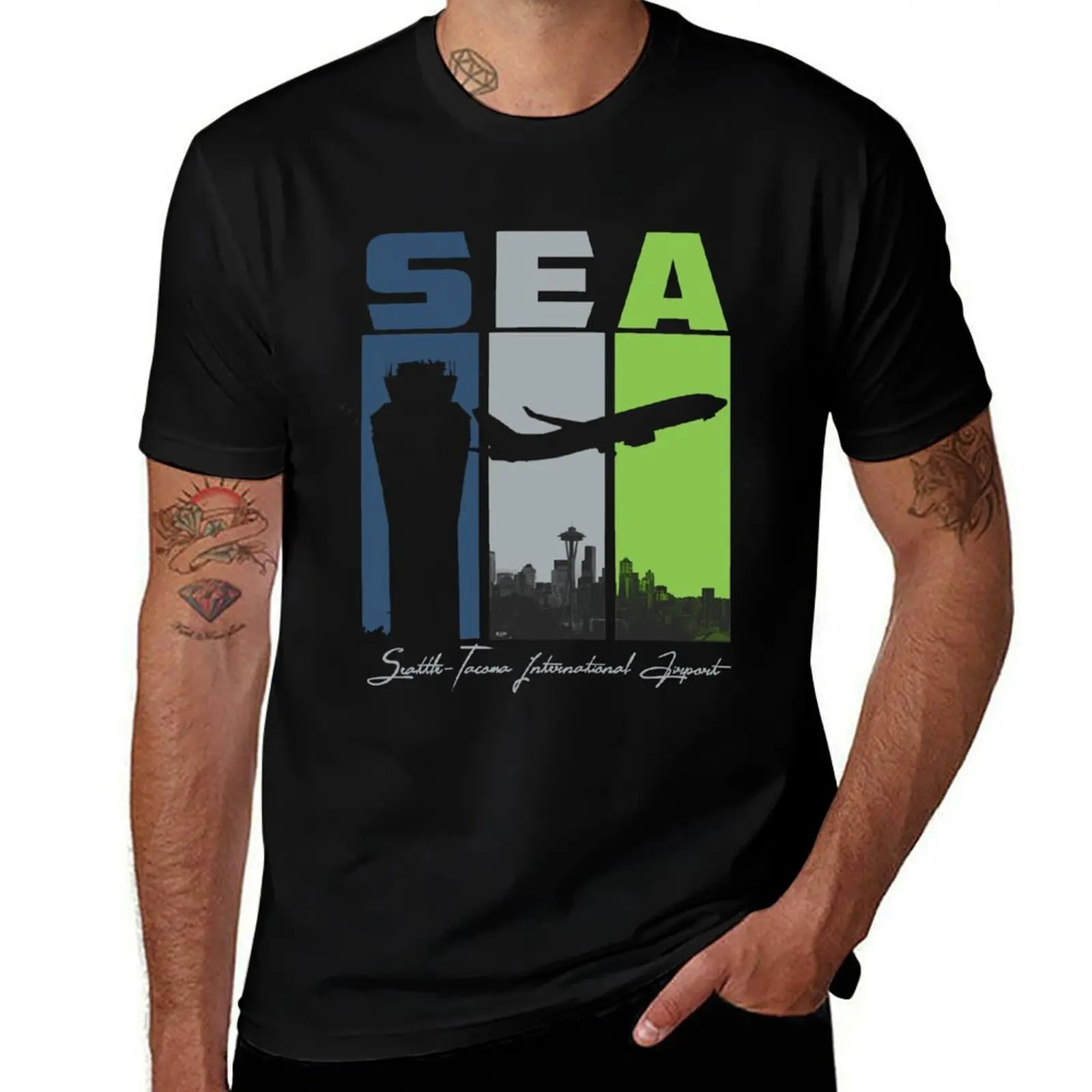 

SEA Seattle Tacoma International Airport SeaTac Washington Retro Art T-Shirt cotton t shirts man 100% T-Shirt