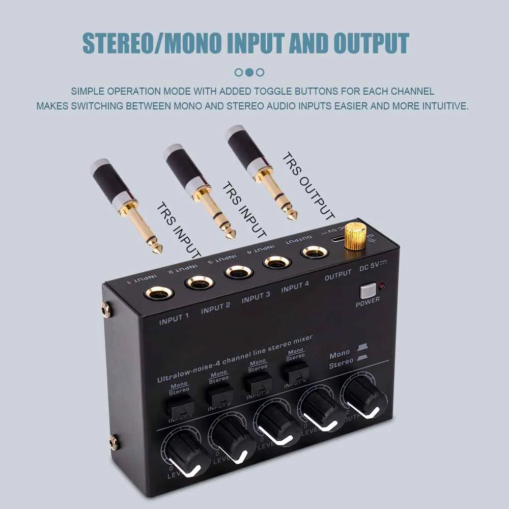 Professional Sound Mixer 4 Channel Mixer Stereo with 2pcs 6.5 3.5mm Converter RCA Output Mixer Mini Low Noise Sound Mixer