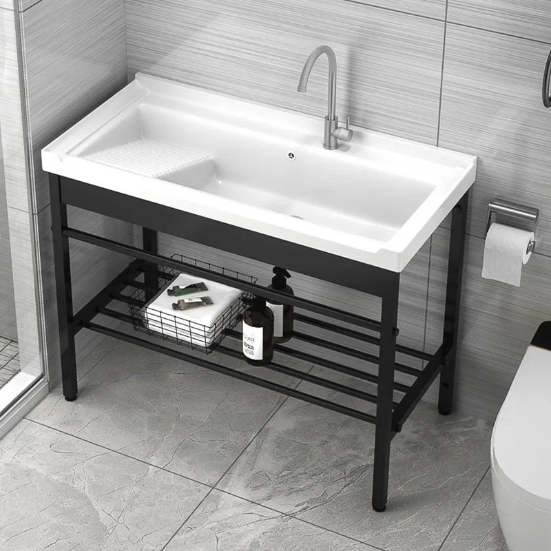 

Balcony Laundry Basin Ceramic Integrated Basin Bracket Stainless Steel Laundry Pool with Washboard Large Pool Wash Basin
