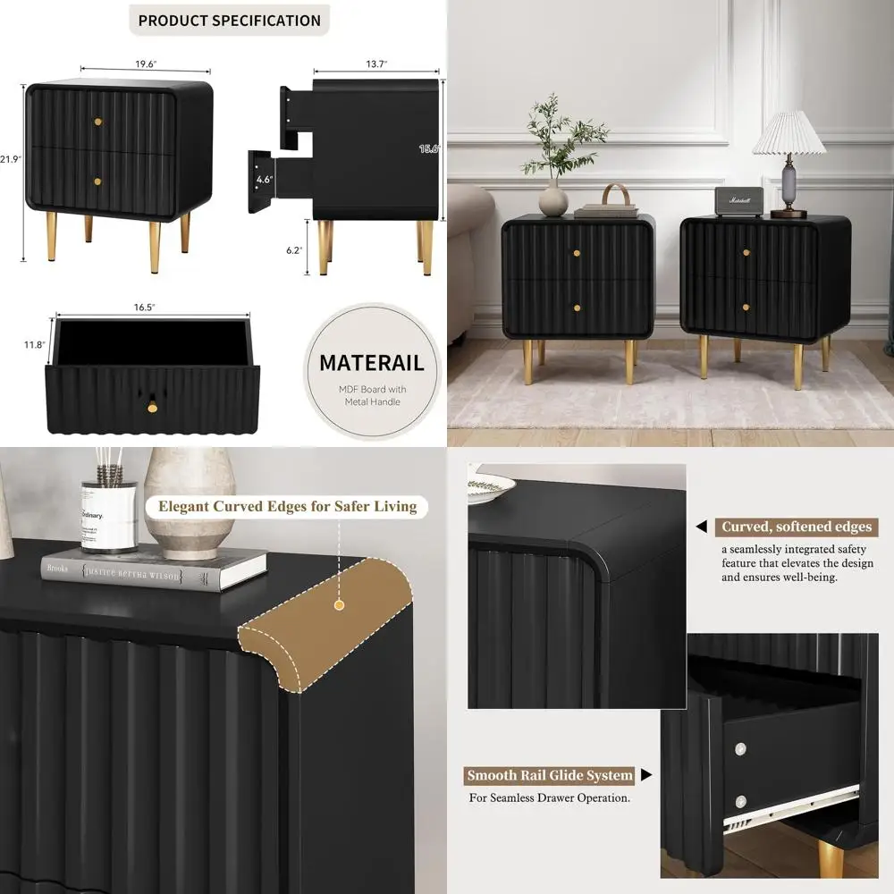 

Pair of Wooden Nightstands with Drawers, Gold Metal Handles, Black Bedroom Side Tables